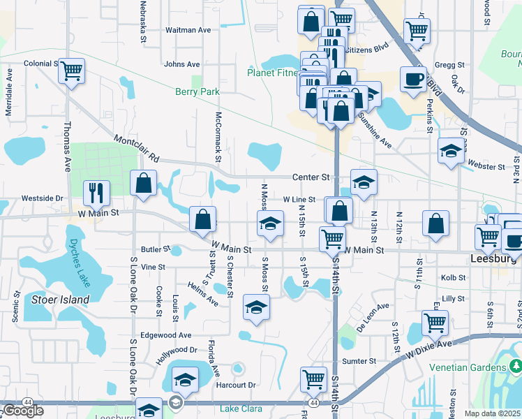 map of restaurants, bars, coffee shops, grocery stores, and more near 211 North Moss Street in Leesburg
