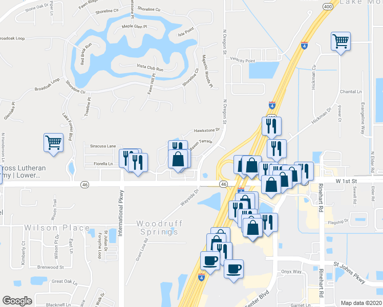 map of restaurants, bars, coffee shops, grocery stores, and more near 5271 Maxon Terrace in Sanford