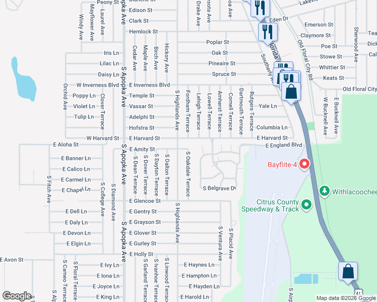 map of restaurants, bars, coffee shops, grocery stores, and more near 3337 South Oakdale Terrace in Inverness