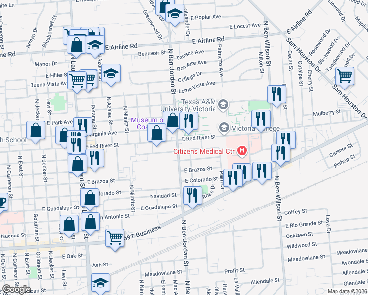 map of restaurants, bars, coffee shops, grocery stores, and more near 2106 East Sabine Street in Victoria