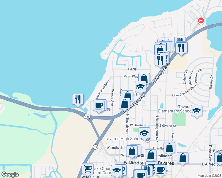 map of restaurants, bars, coffee shops, grocery stores, and more near 1211 Orange Avenue in Tavares