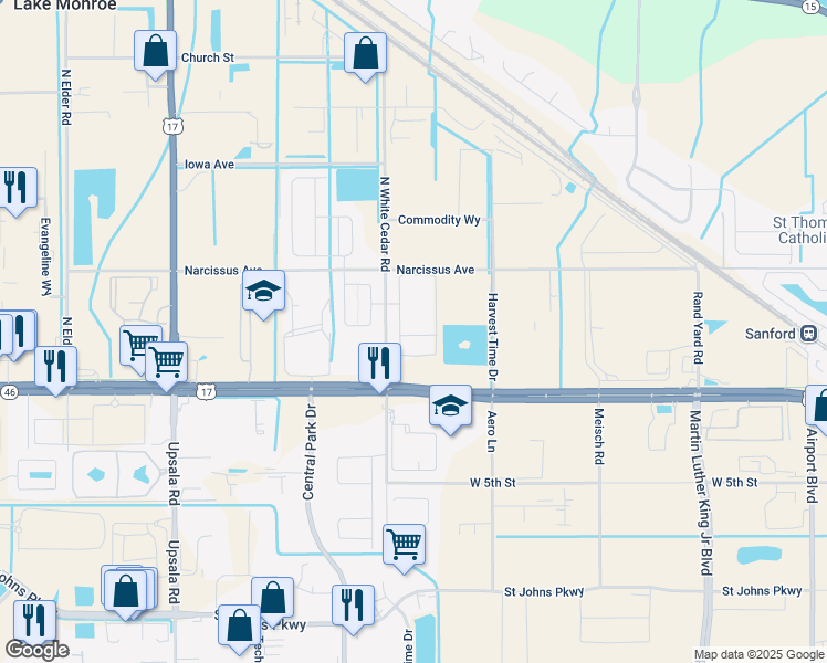 map of restaurants, bars, coffee shops, grocery stores, and more near 353 Misty Grove Lane in Sanford