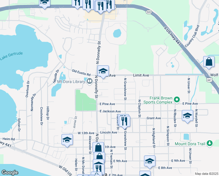 map of restaurants, bars, coffee shops, grocery stores, and more near 221 E 19th Ave in Mt Dora