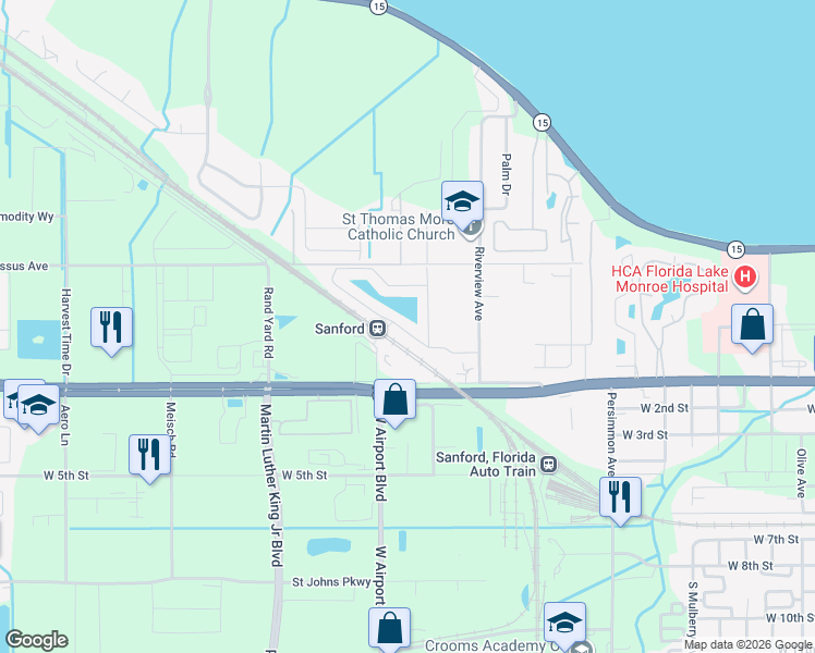 map of restaurants, bars, coffee shops, grocery stores, and more near 2574 River Landing Dr in Sanford