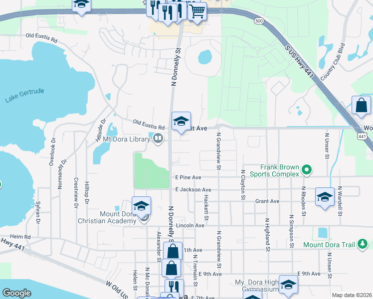 map of restaurants, bars, coffee shops, grocery stores, and more near 213 East 19th Avenue in Mount Dora