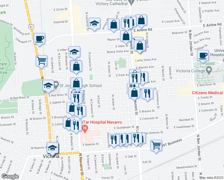 map of restaurants, bars, coffee shops, grocery stores, and more near 2002 North Jecker Street in Victoria