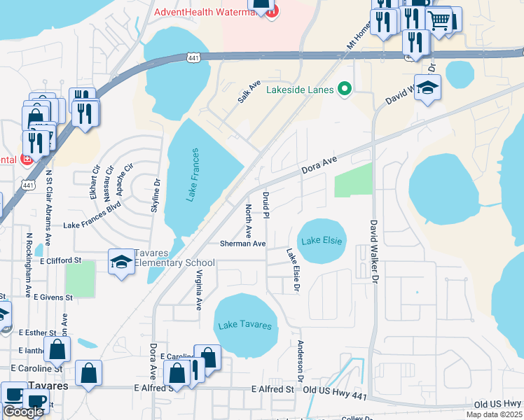 map of restaurants, bars, coffee shops, grocery stores, and more near 1275 Druid Place in Tavares