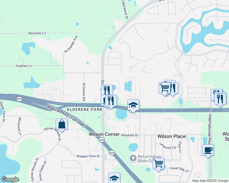 map of restaurants, bars, coffee shops, grocery stores, and more near 177 Overoaks Place in Sanford