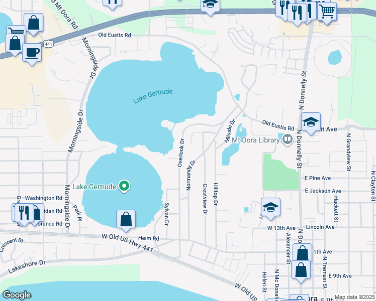 map of restaurants, bars, coffee shops, grocery stores, and more near 1848 Overlook Drive in Mount Dora