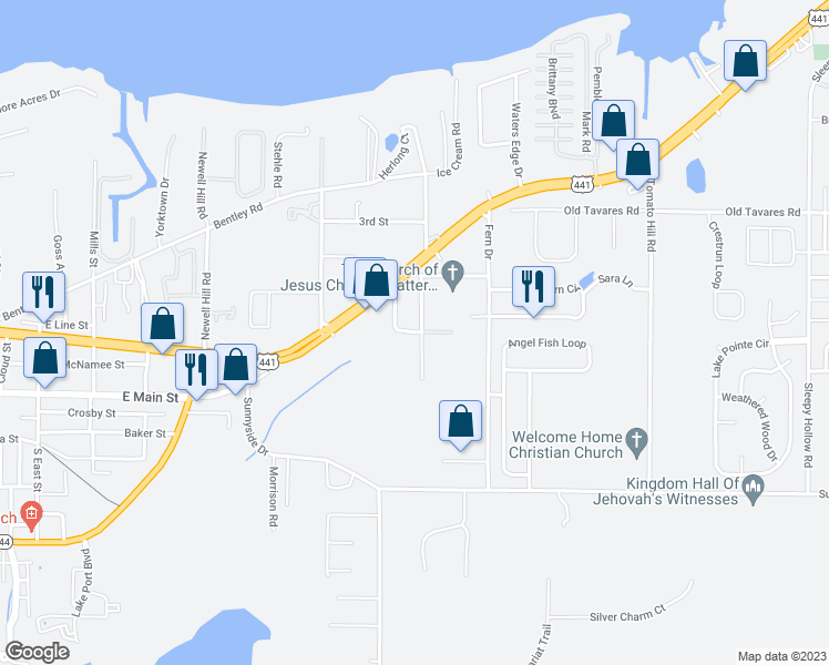 map of restaurants, bars, coffee shops, grocery stores, and more near 1745 East Line Street in Leesburg