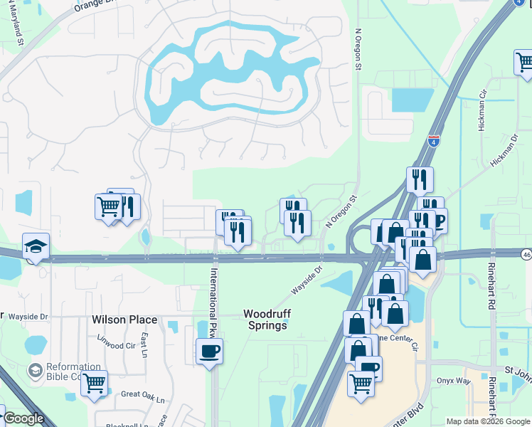 map of restaurants, bars, coffee shops, grocery stores, and more near 763 Shropshire Loop in Sanford