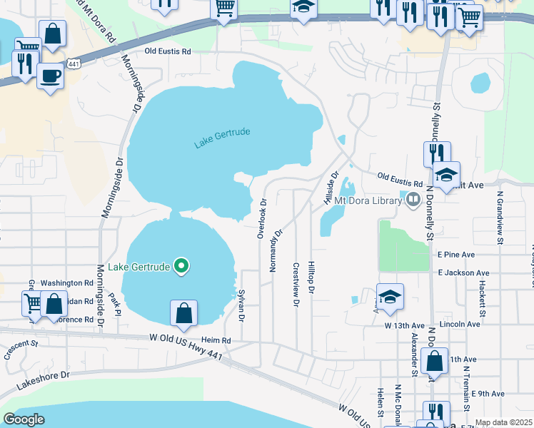 map of restaurants, bars, coffee shops, grocery stores, and more near 1848 Overlook Drive in Mount Dora
