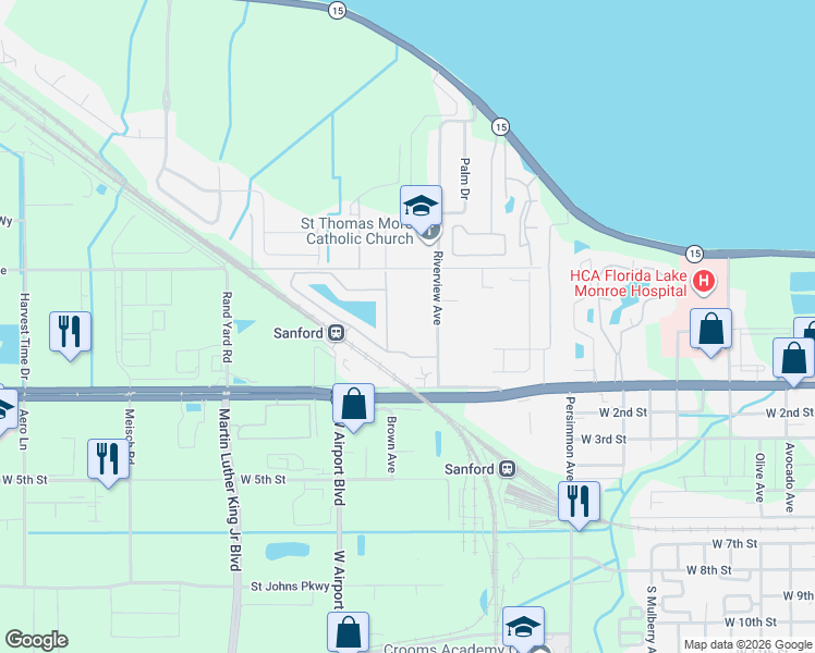 map of restaurants, bars, coffee shops, grocery stores, and more near 660 Riverview Ave in Sanford