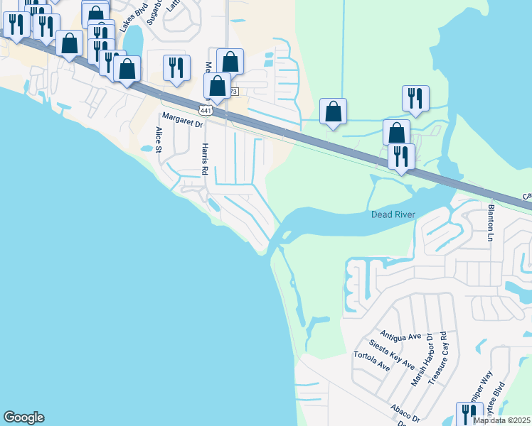 map of restaurants, bars, coffee shops, grocery stores, and more near 31844 Bay Street in Tavares