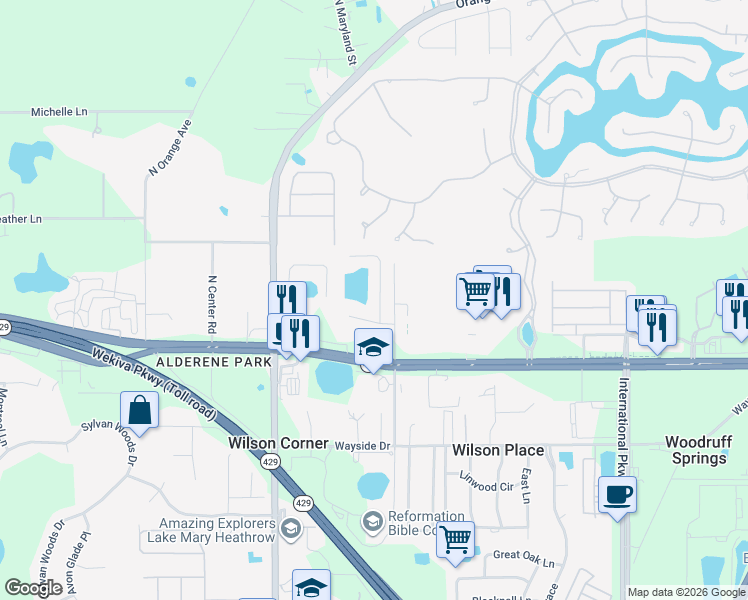 map of restaurants, bars, coffee shops, grocery stores, and more near 118 Majestic Forest Run in Sanford