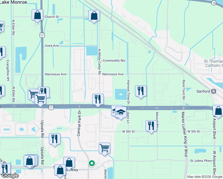 map of restaurants, bars, coffee shops, grocery stores, and more near 353 Misty Grove Lane in Sanford