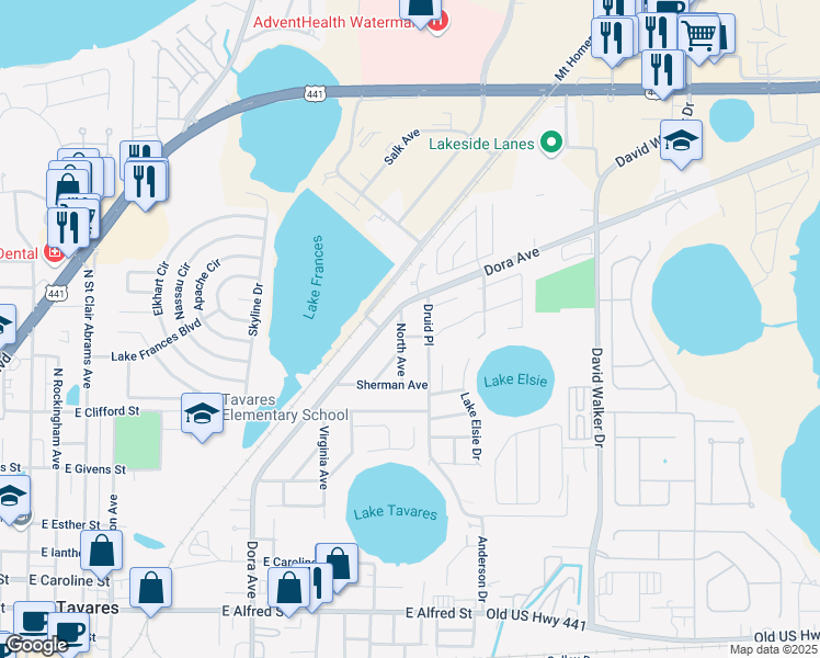 map of restaurants, bars, coffee shops, grocery stores, and more near 1275 Druid Place in Tavares