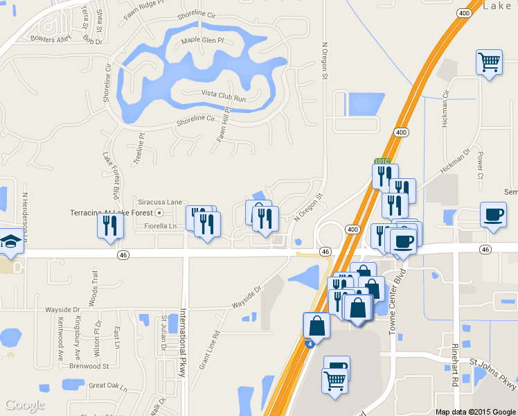 map of restaurants, bars, coffee shops, grocery stores, and more near 5365 Hawkstone Drive in Sanford