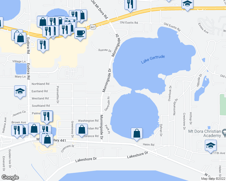 map of restaurants, bars, coffee shops, grocery stores, and more near 1845 Sylvan Point Drive in Mount Dora