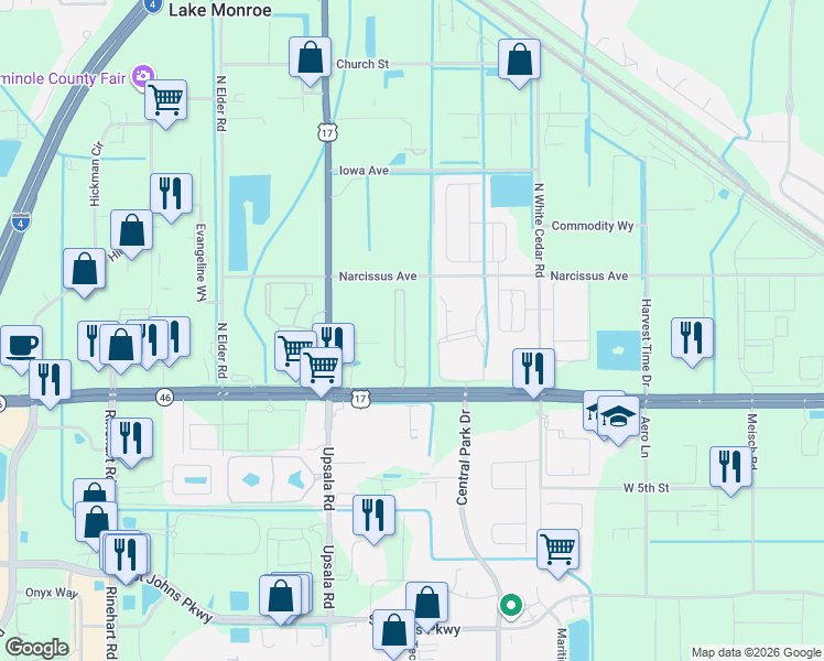 map of restaurants, bars, coffee shops, grocery stores, and more near 3900 Florida 46 in Sanford