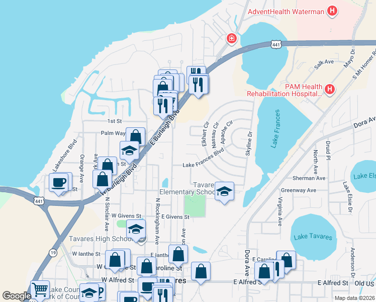 map of restaurants, bars, coffee shops, grocery stores, and more near 1249 Belmont Circle in Tavares