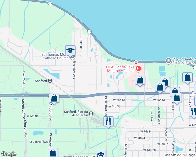 map of restaurants, bars, coffee shops, grocery stores, and more near 101-1299 Willner Circle in Sanford