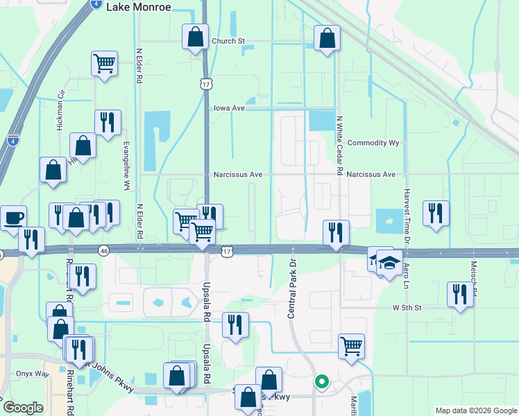 map of restaurants, bars, coffee shops, grocery stores, and more near 3900 Florida 46 in Sanford