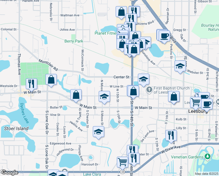map of restaurants, bars, coffee shops, grocery stores, and more near 1515 West Line Street in Leesburg