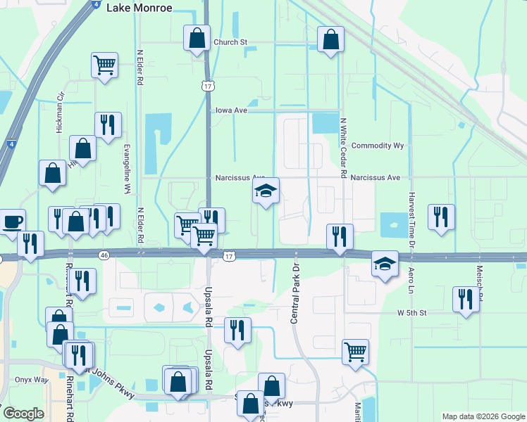 map of restaurants, bars, coffee shops, grocery stores, and more near 3900 Florida 46 in Sanford