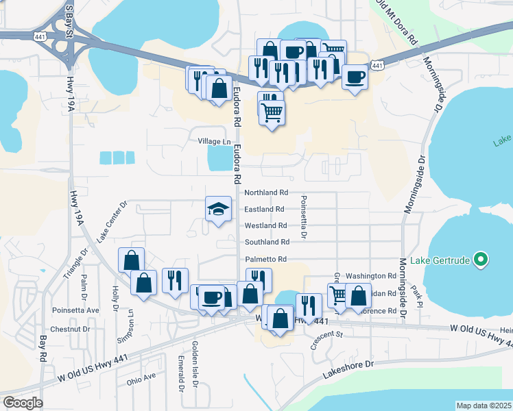 map of restaurants, bars, coffee shops, grocery stores, and more near 2866 Eastland Road in Mount Dora