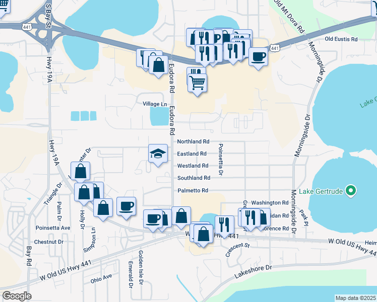 map of restaurants, bars, coffee shops, grocery stores, and more near 2877 Eastland Road in Mount Dora