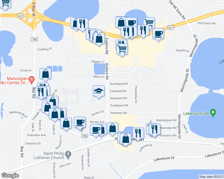 map of restaurants, bars, coffee shops, grocery stores, and more near 2941 Eastland Road in Mount Dora