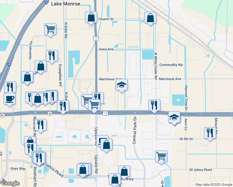 map of restaurants, bars, coffee shops, grocery stores, and more near 3900 Florida 46 in Sanford