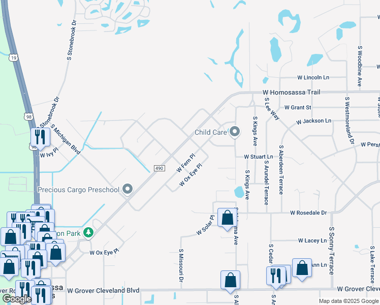 map of restaurants, bars, coffee shops, grocery stores, and more near 7805 West Fern Place in Homosassa