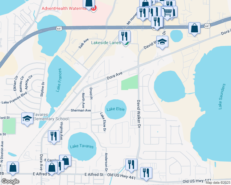 map of restaurants, bars, coffee shops, grocery stores, and more near 1872 College Park Drive in Tavares