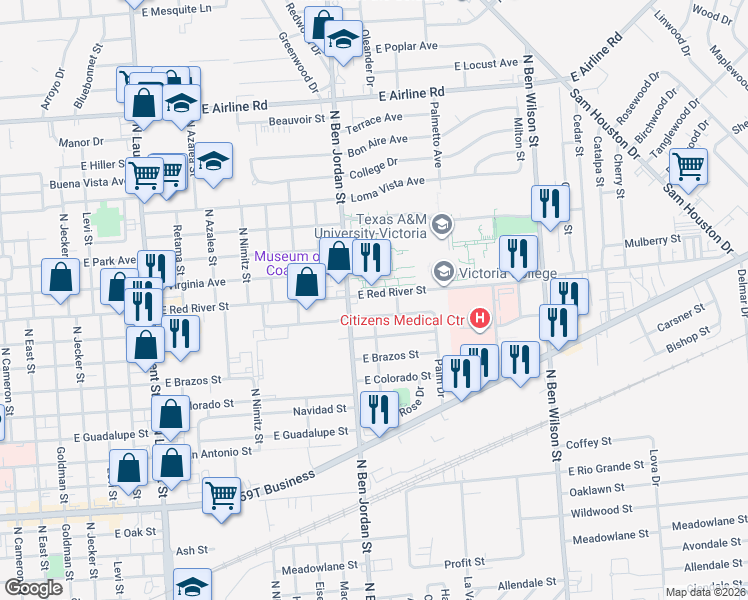 map of restaurants, bars, coffee shops, grocery stores, and more near 2106 East Sabine Street in Victoria