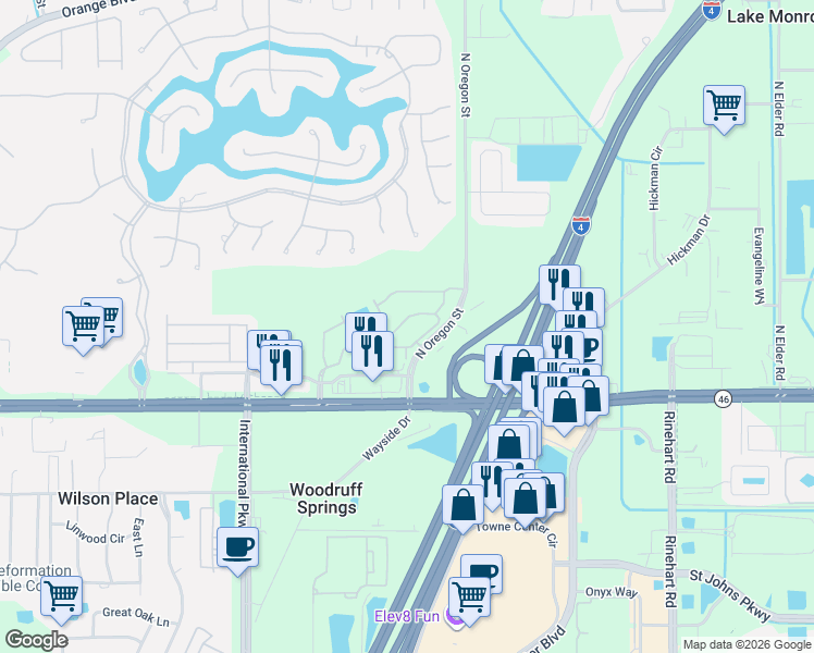 map of restaurants, bars, coffee shops, grocery stores, and more near 5271 Maxon Terrace in Sanford