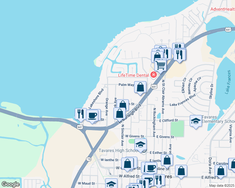 map of restaurants, bars, coffee shops, grocery stores, and more near 1300 Park Avenue in Tavares