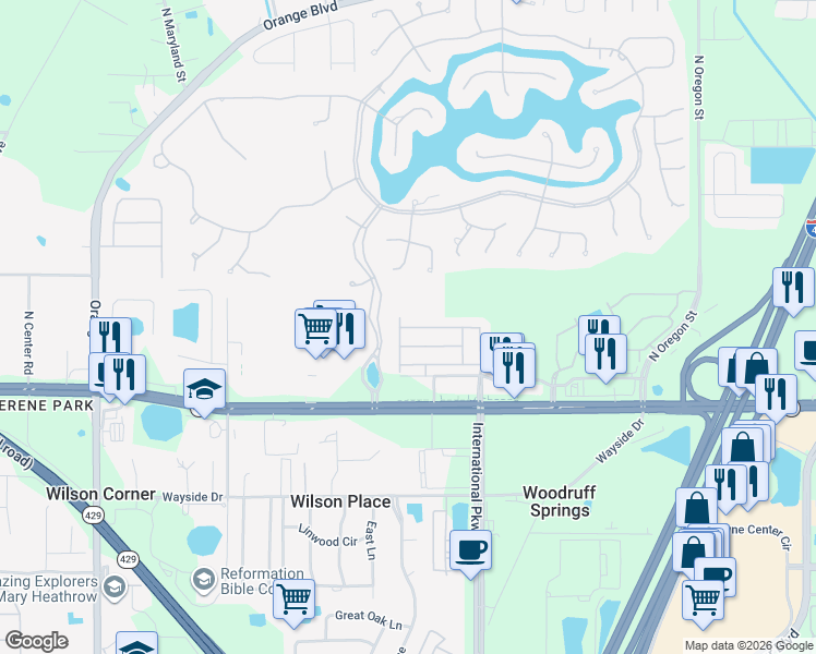 map of restaurants, bars, coffee shops, grocery stores, and more near 5629 Siracusa Lane in Sanford