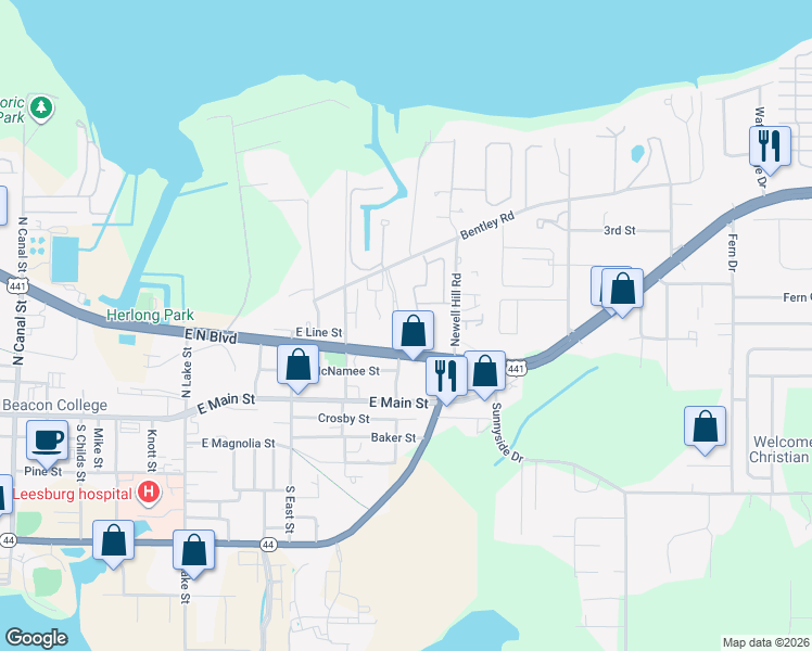 map of restaurants, bars, coffee shops, grocery stores, and more near 1126 North Boulevard East in Leesburg