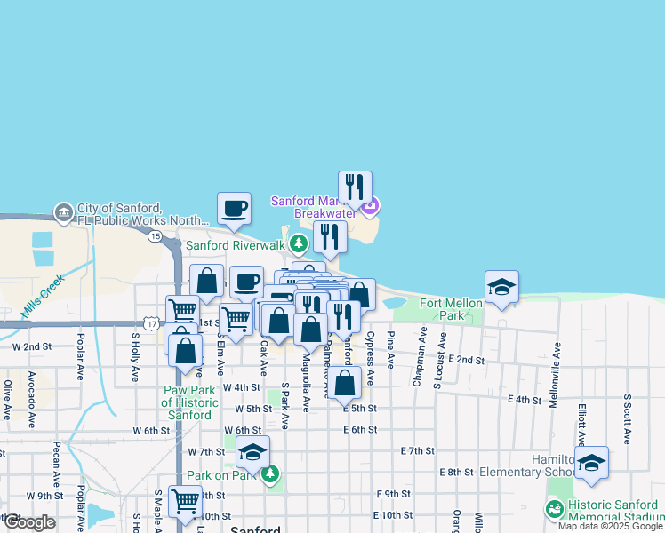 map of restaurants, bars, coffee shops, grocery stores, and more near 221 North Palmetto Avenue in Sanford