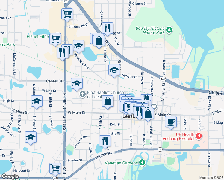 map of restaurants, bars, coffee shops, grocery stores, and more near 1010 West Line Street in Leesburg