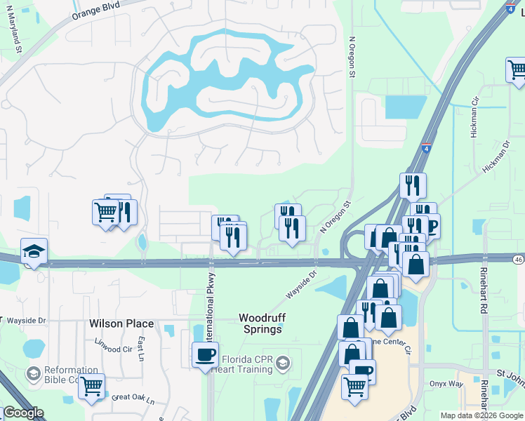 map of restaurants, bars, coffee shops, grocery stores, and more near 712 Shropshire Loop in Sanford
