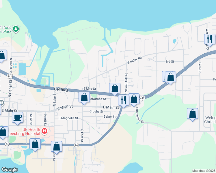 map of restaurants, bars, coffee shops, grocery stores, and more near 1108 North Boulevard East in Leesburg