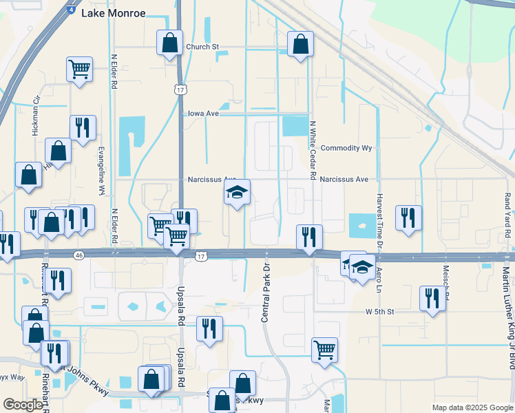 map of restaurants, bars, coffee shops, grocery stores, and more near 1223 Old England Loop in Sanford