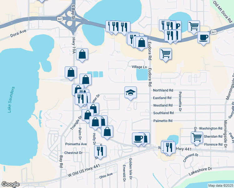 map of restaurants, bars, coffee shops, grocery stores, and more near 3347 Lake Center Drive in Mount Dora