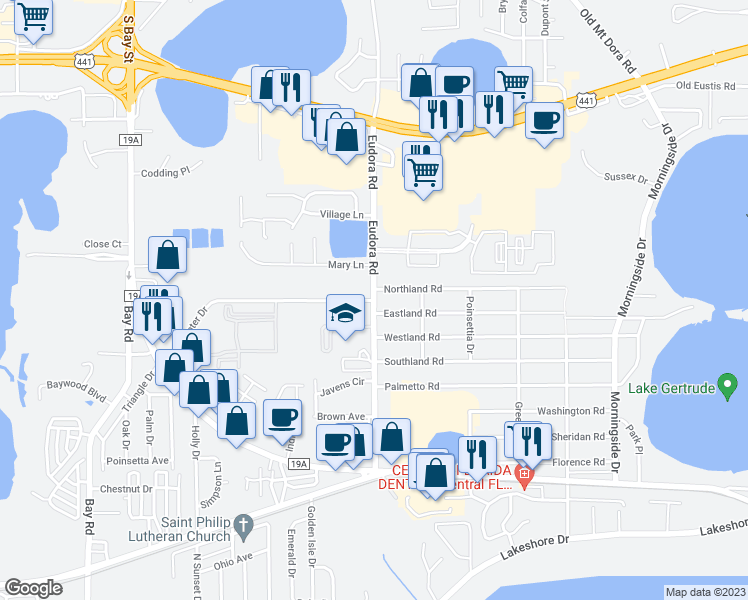 map of restaurants, bars, coffee shops, grocery stores, and more near 1974 Eudora Road in Mount Dora