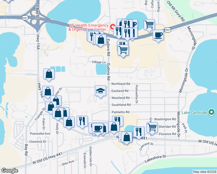 map of restaurants, bars, coffee shops, grocery stores, and more near 1974 Eudora Road in Mount Dora
