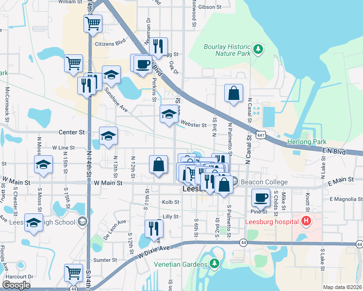 map of restaurants, bars, coffee shops, grocery stores, and more near 209 Orange Avenue in Leesburg