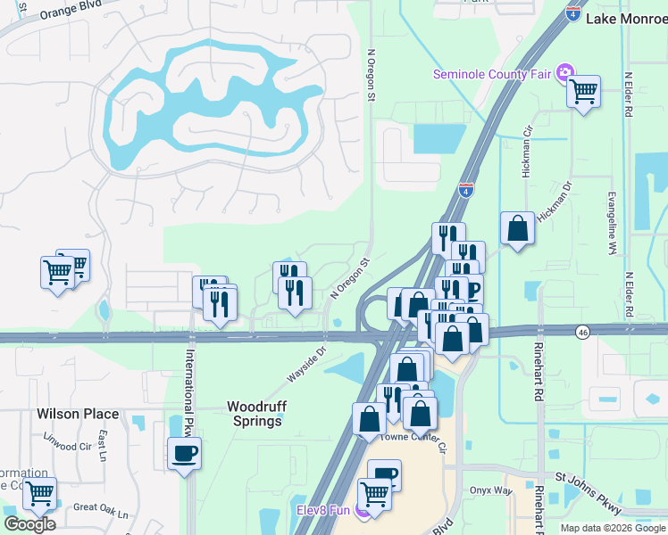 map of restaurants, bars, coffee shops, grocery stores, and more near 5361 Maxon Terrace in Sanford